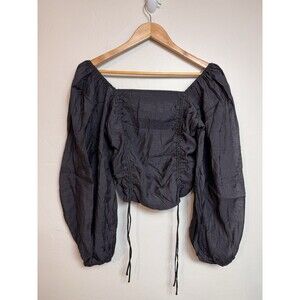 Women's L Black Sheer Balloon Sleeve Sheer Smocked Top Dark Romantic Peasant